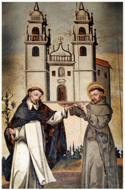 St. Dominic and St. Francis holding a miniature model of the church at As Ermidas by Unbekannt Unbekannt